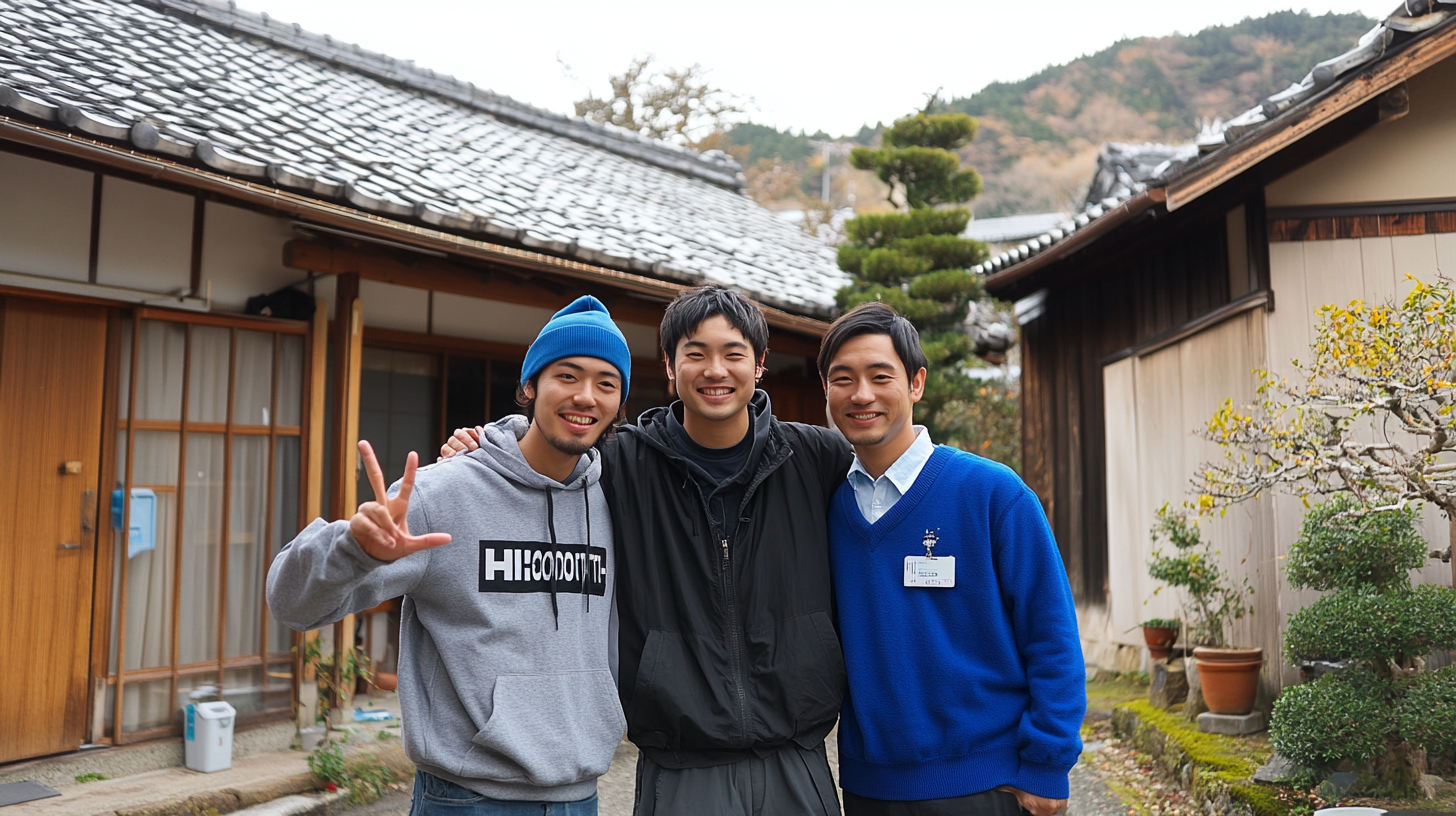 Three Japanese men posing happily with peace signs.