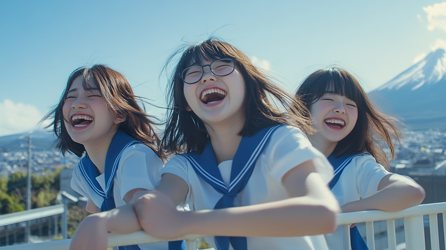 Three Japanese schoolgirls laugh joyfully on rooftop, mountains behind.