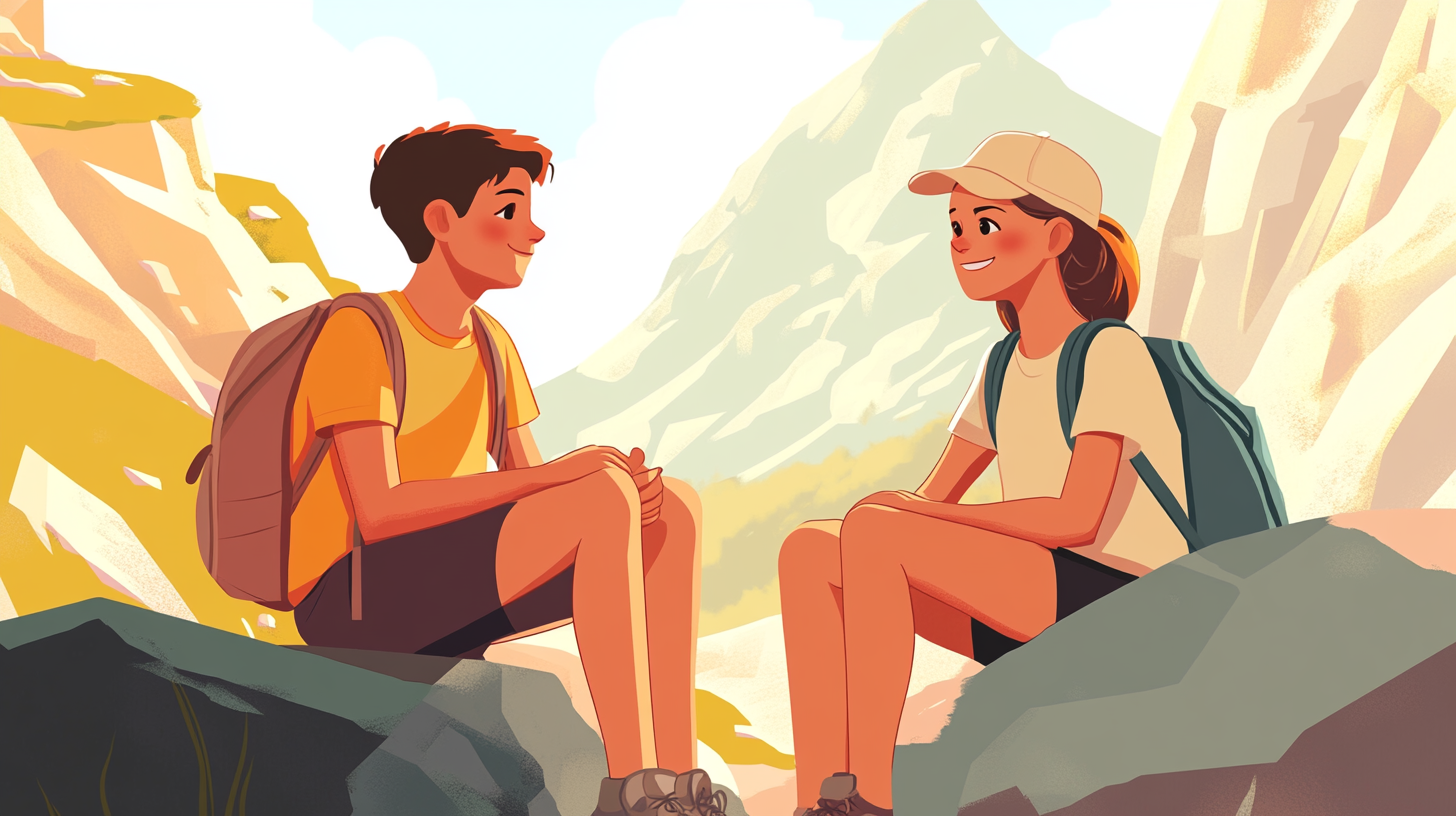 Three Kids Talking by a Mountain in Summer