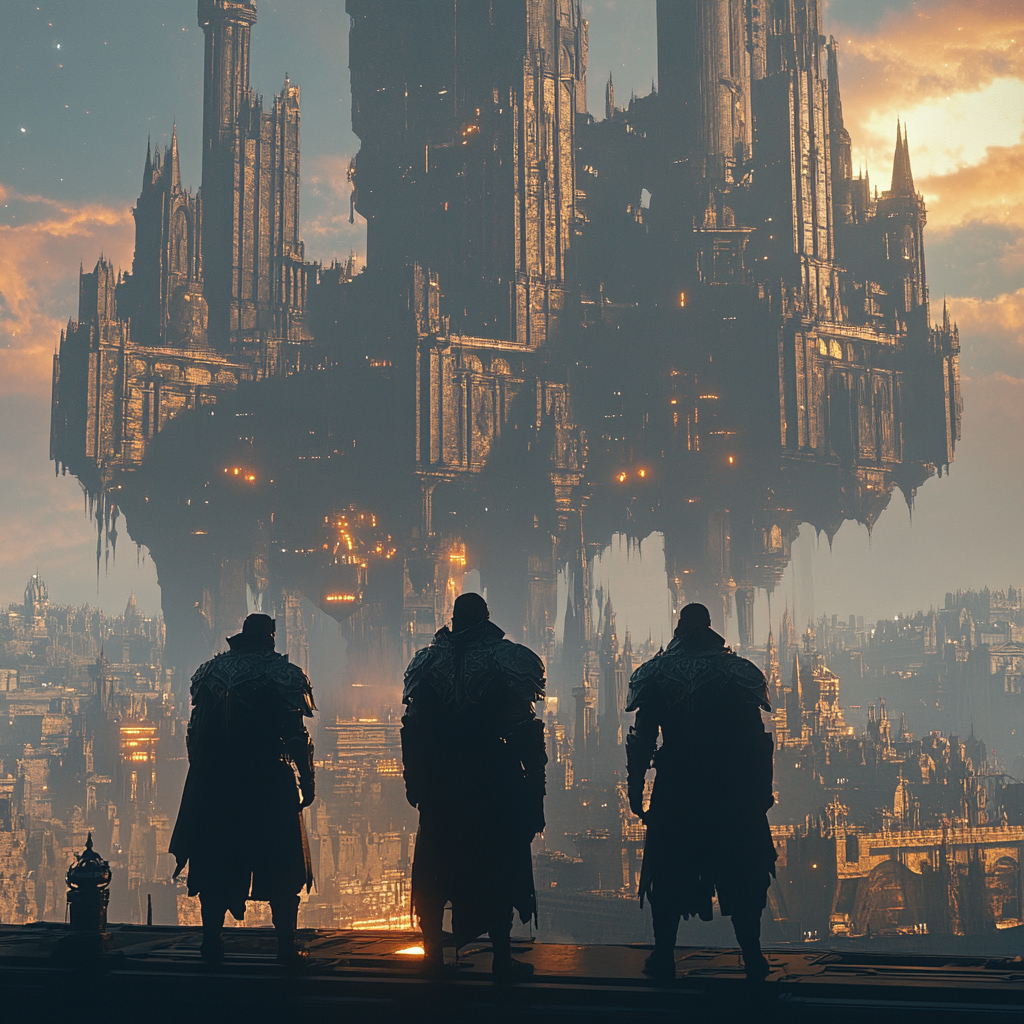 Three Knights Gazing at a Floating Fantasy City