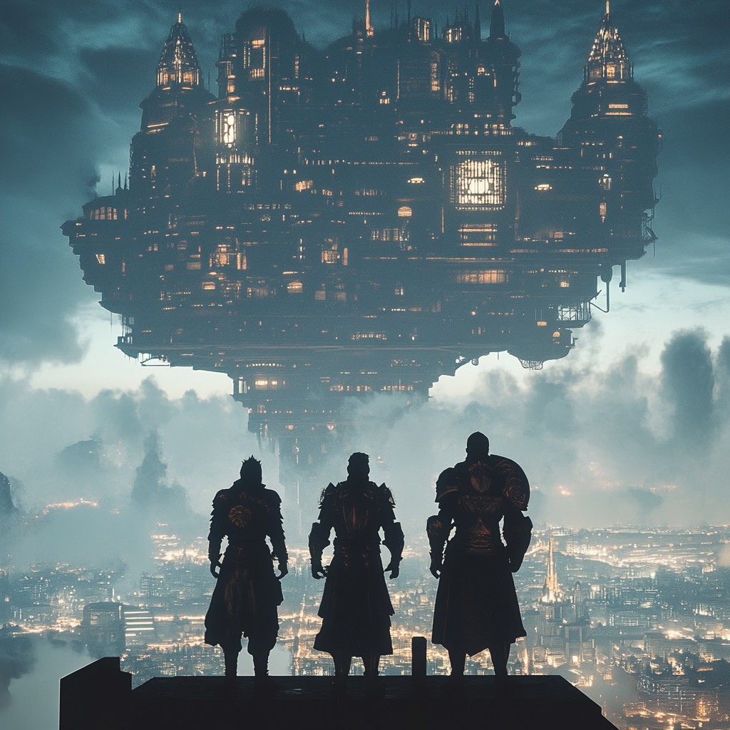 Three Knights Observing a Floating Medieval City