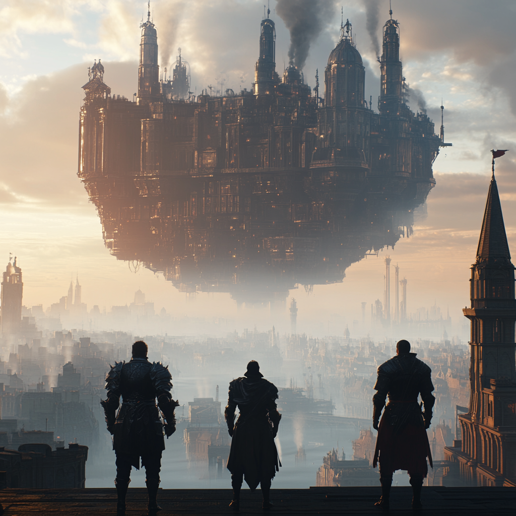 Three Knights Watching a Magical Floating City