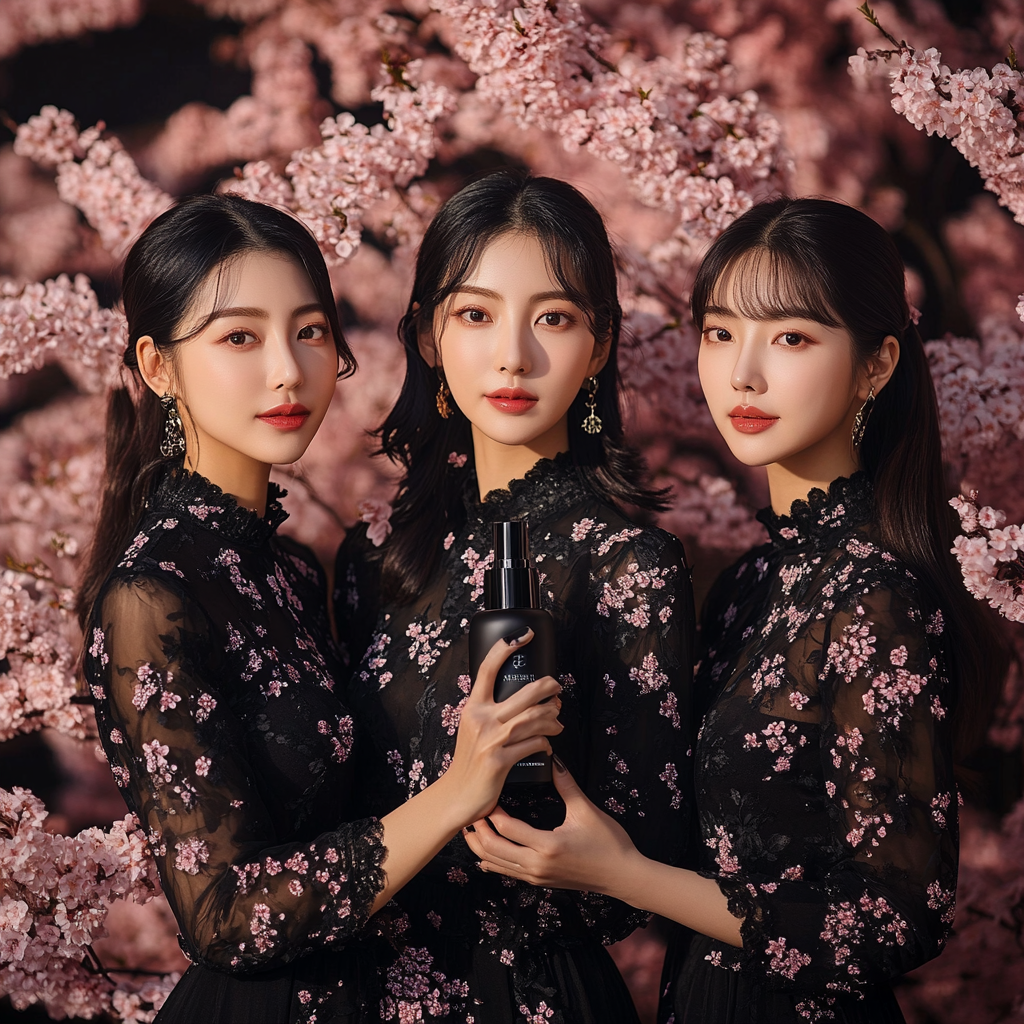 Three Korean models with black cream lotion and sakura