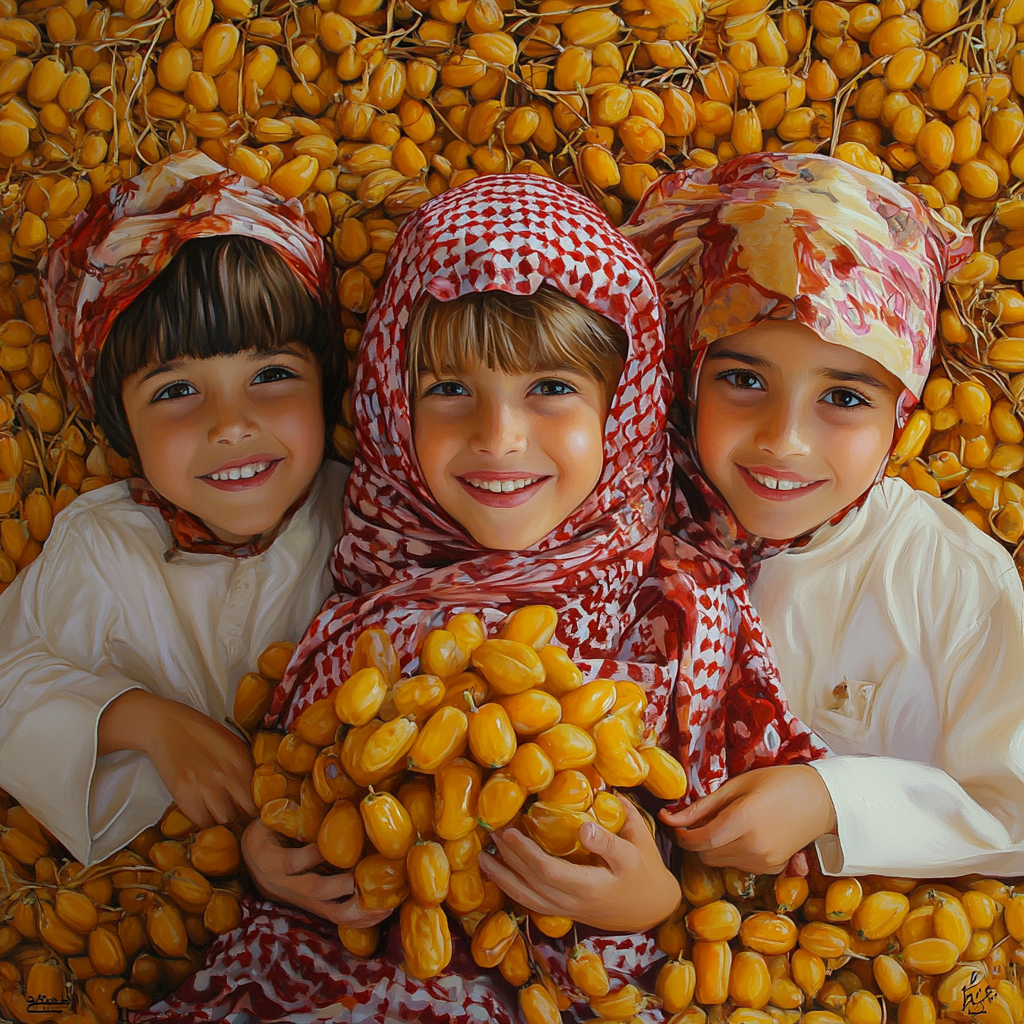 Three Omani Children Happy Among Yellow Dates