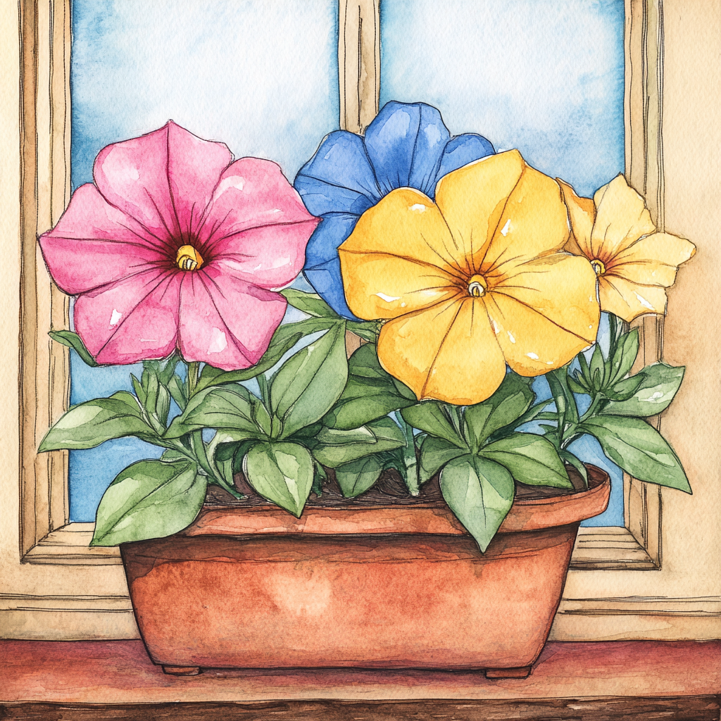 Three Petunias in Planter Box, Storm Damage - Children's Book Style Illustration