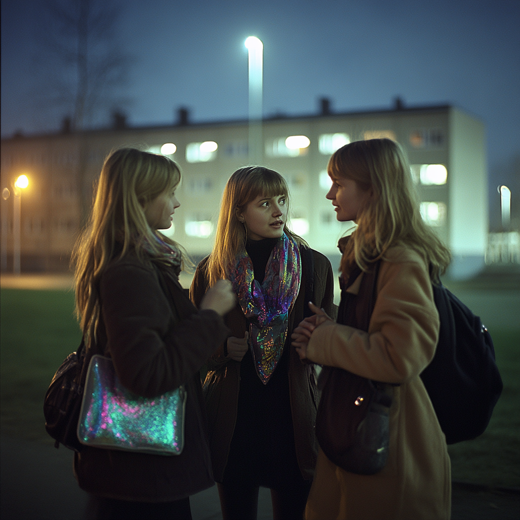 Three Scandinavian Girls Chatting outside School at Night