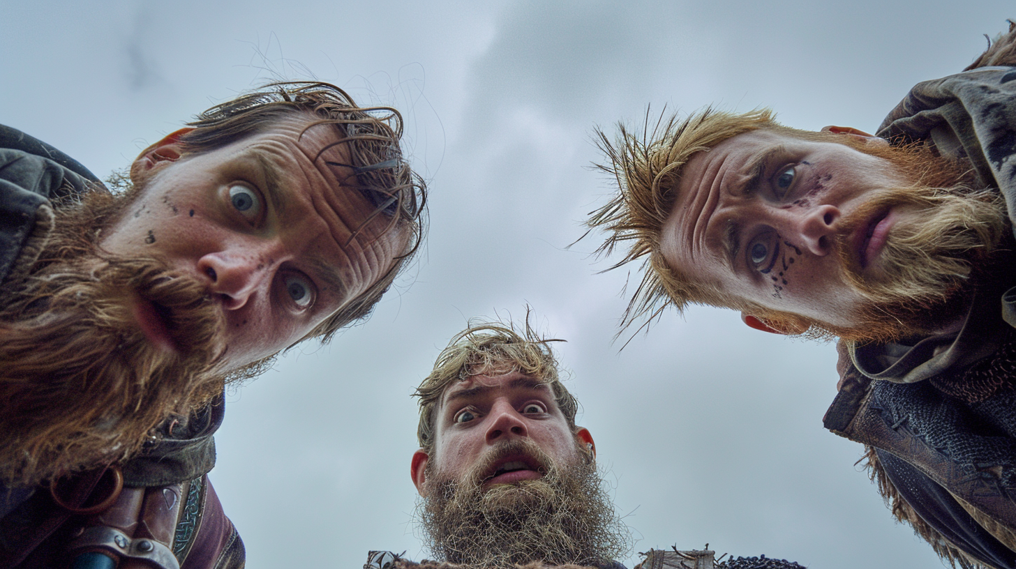 Three Viking Men Confused Outdoors Overcast Sky