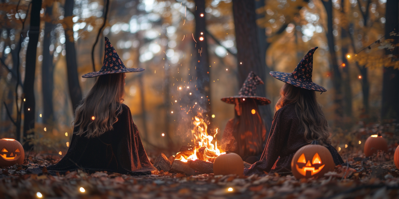 Three Women in Witch Hats at Magical Bonfire