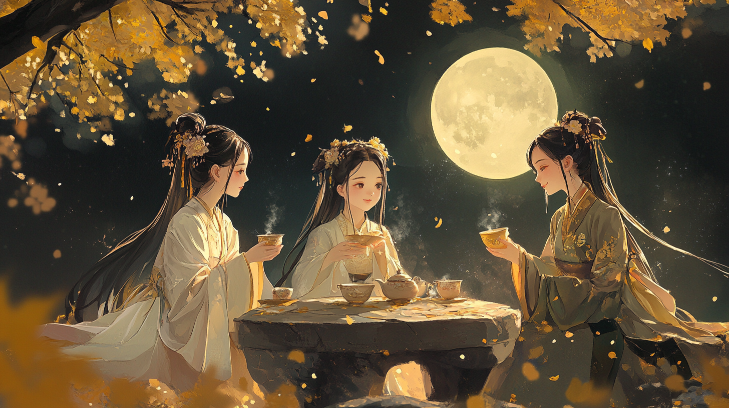 Three Young Girls in Ancient Chinese Costumes Chatting 