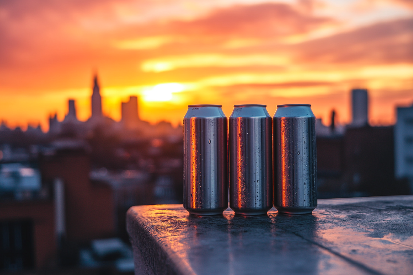 Three beer cans on rooftop ledge at sunset.