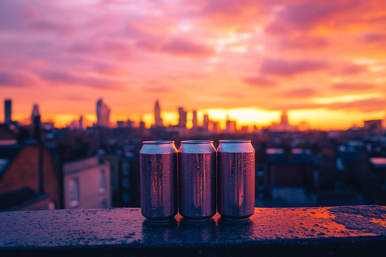 Three beer cans on rooftop looking over London.