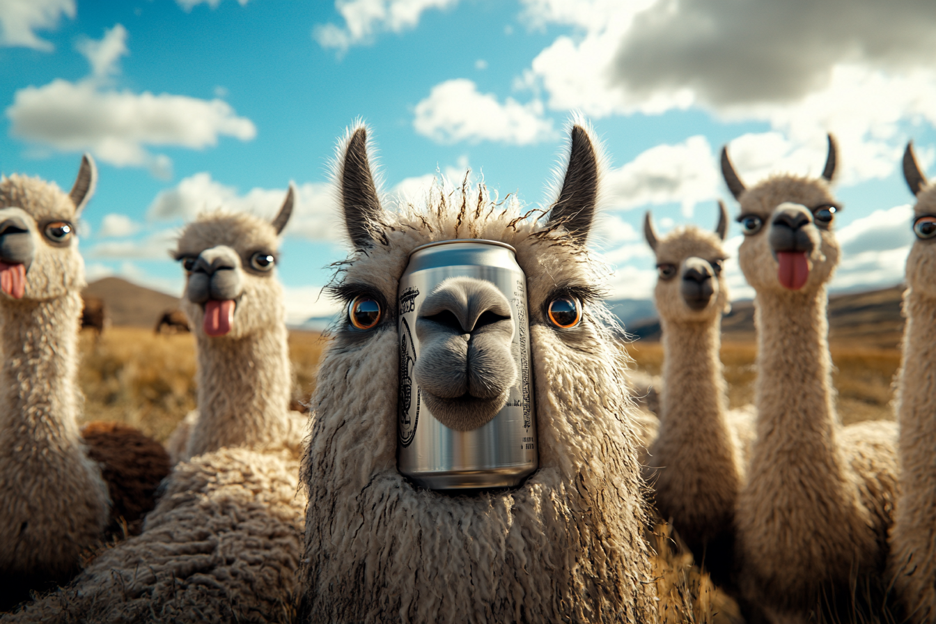 Three big beer cans among goofy llamas in field.