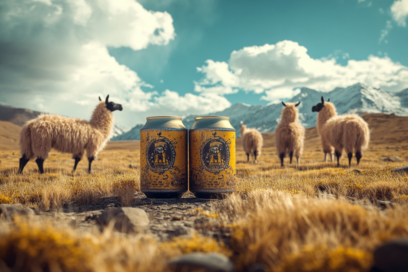 Three big beer cans next to llamas in field.