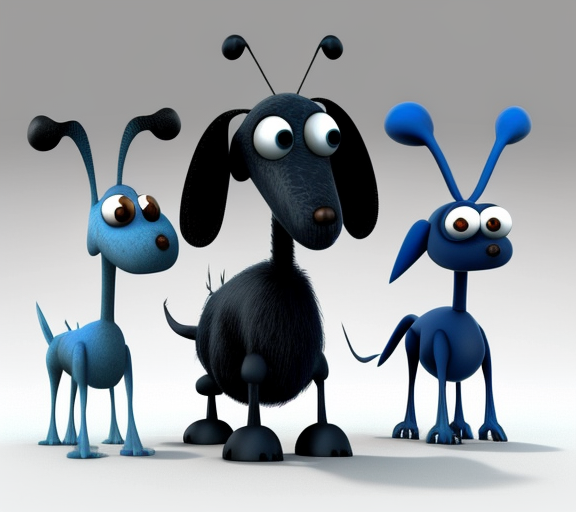 Three blue dog-like creatures with black fur cartoon-style.