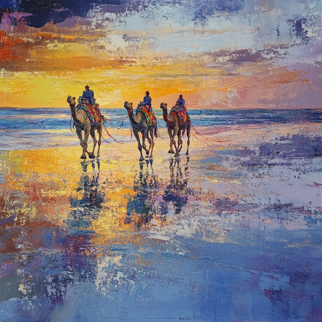 Three camels on beach with ropes, sunset shadows.