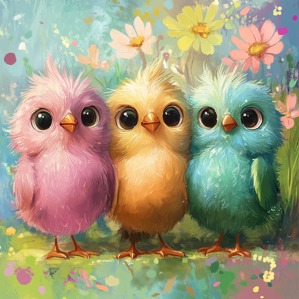 Three colorful fluffy birds in playful digital painting.