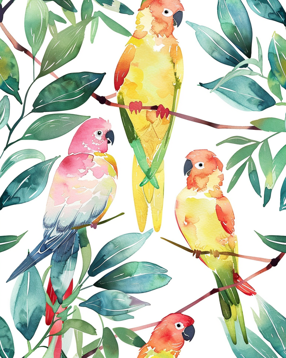 Three colorful parrots on branches in watercolor style