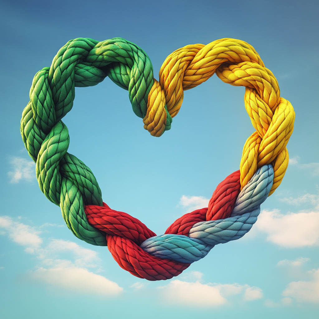 Three colorful ropes create heart in sky