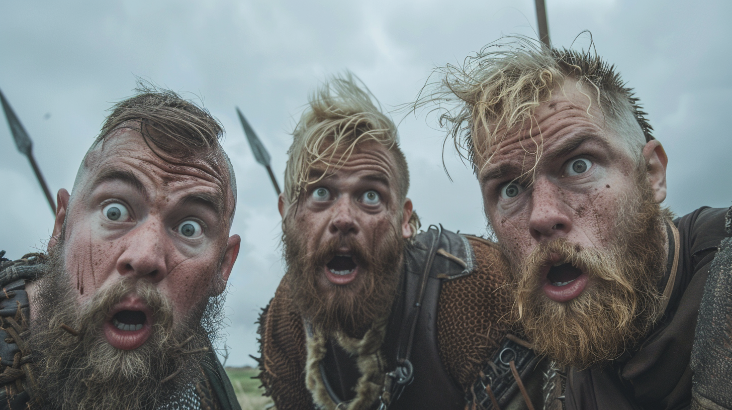 Three confused Viking friends posing for camera outdoors