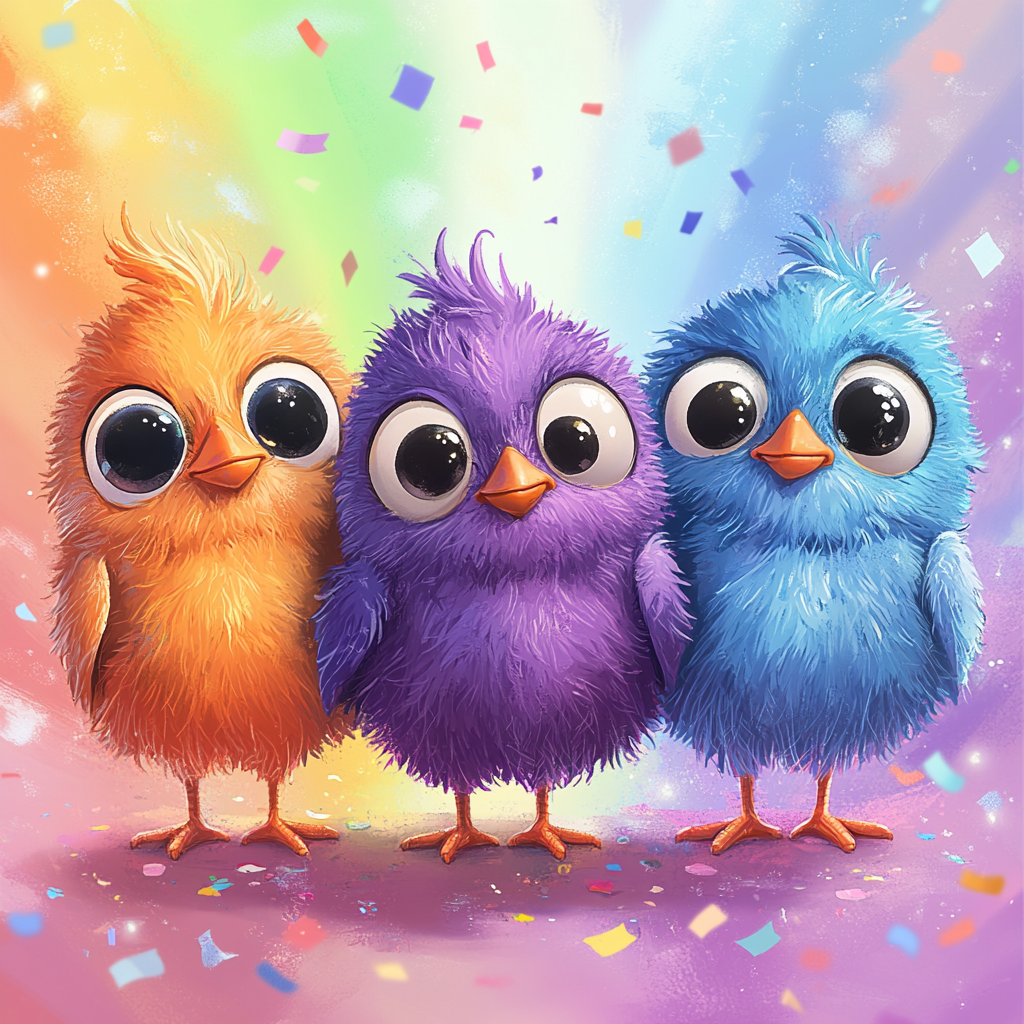 Three cute colorful birds under a rainbow