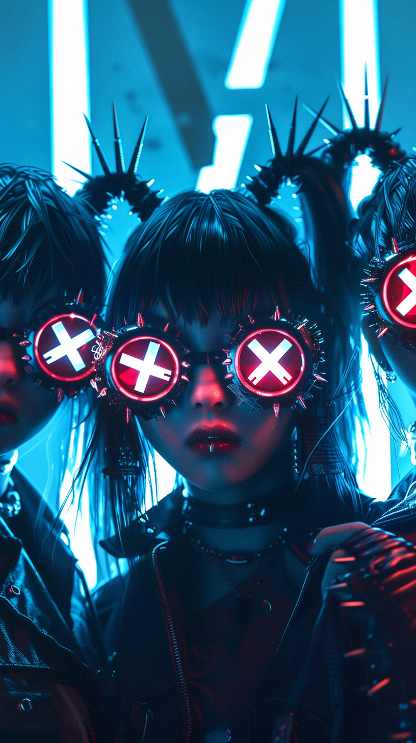 Three cyberpunk girls on ship with spiked baseball bat.