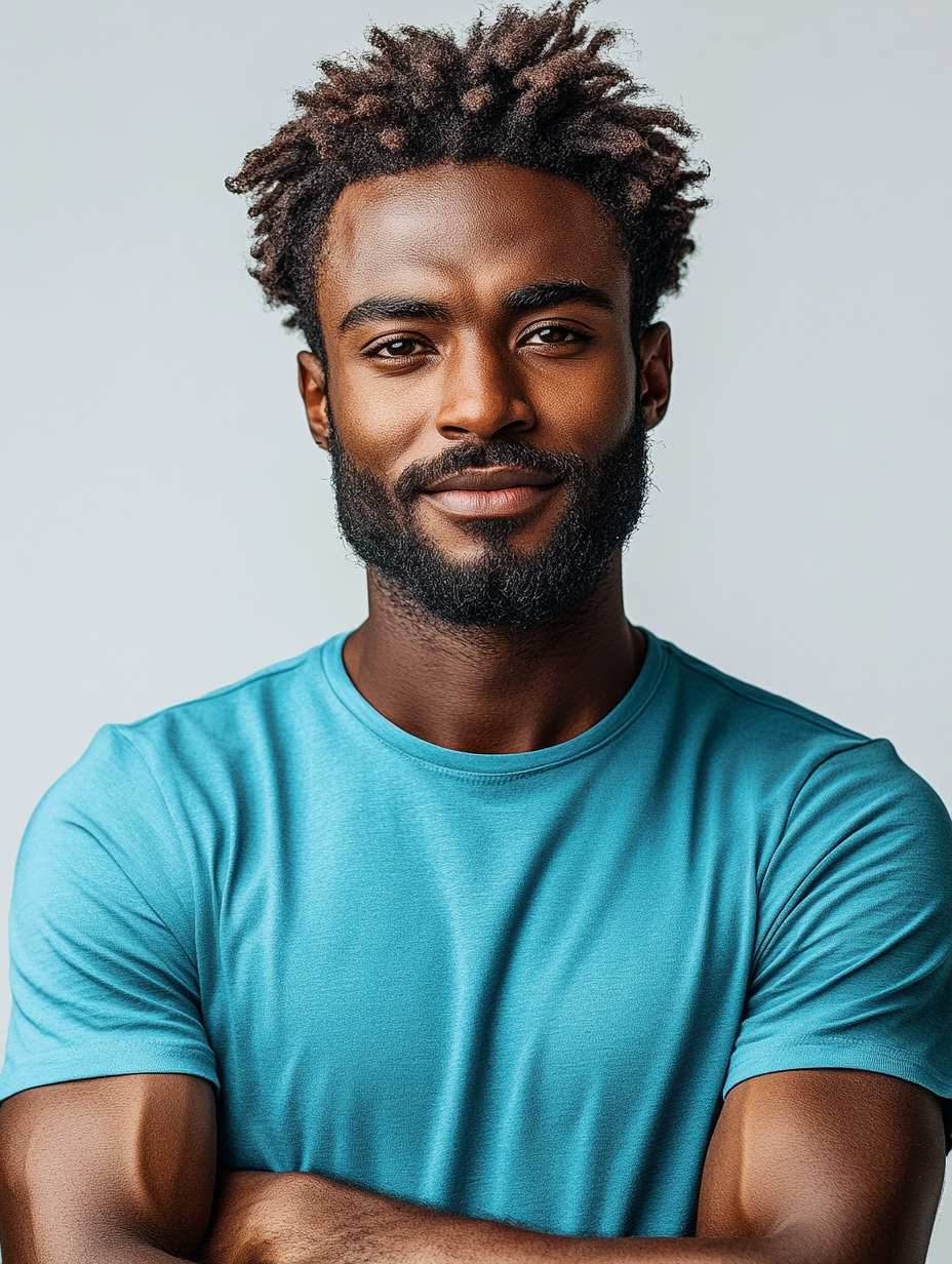 Three diverse male soccer players in cyan and black jerseys on grey background