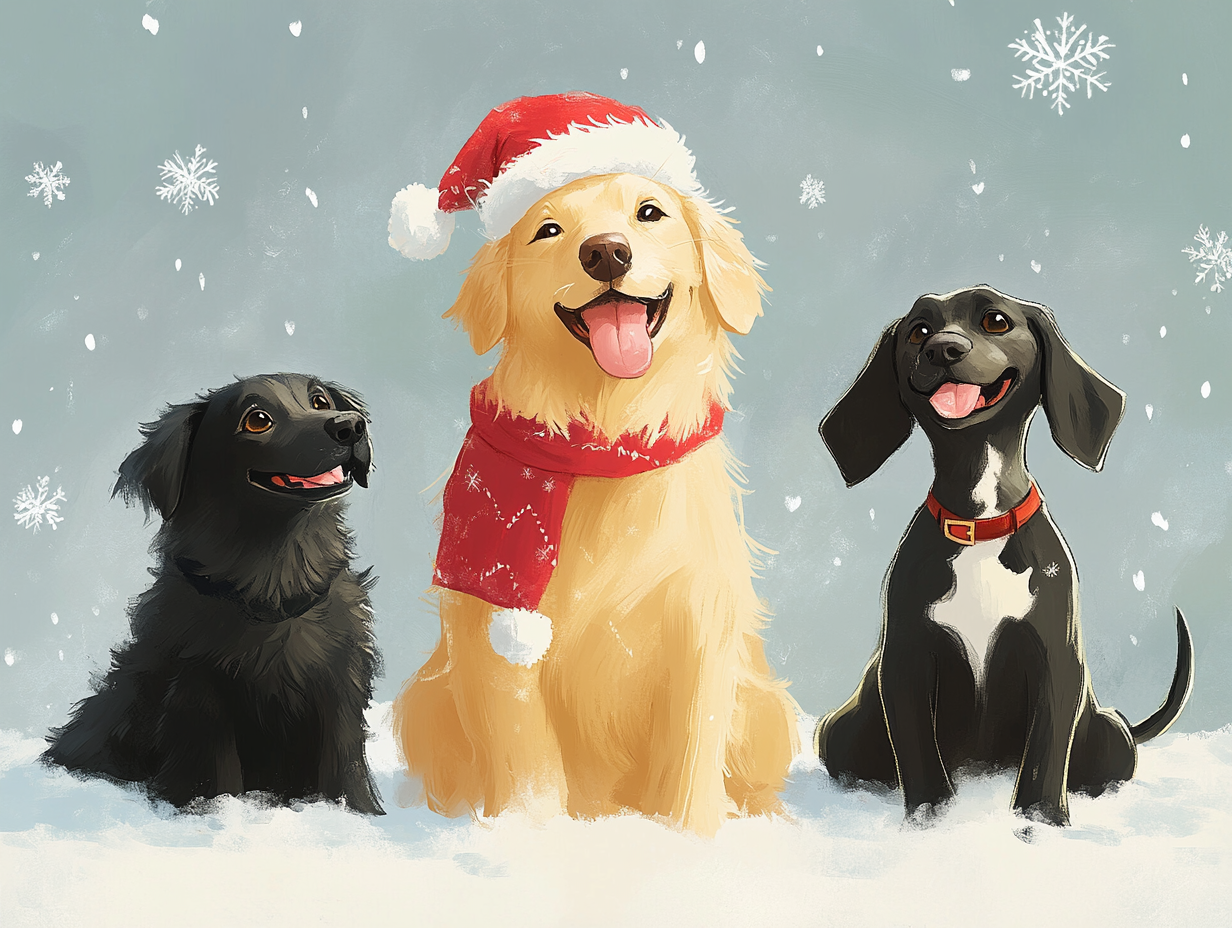 Three dogs with Santa hat and scarf in snow.