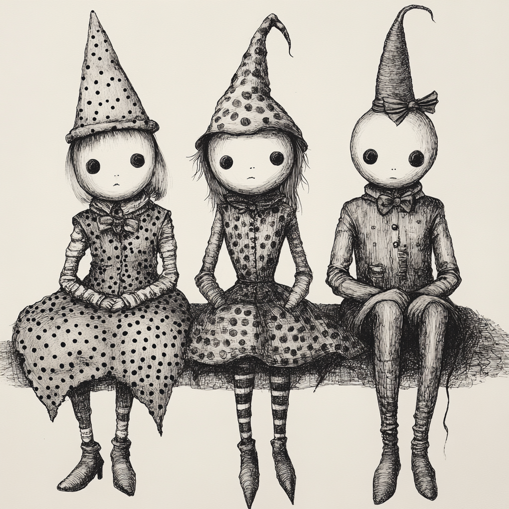 Three eerie doll-like characters wearing polka-dot outfits.