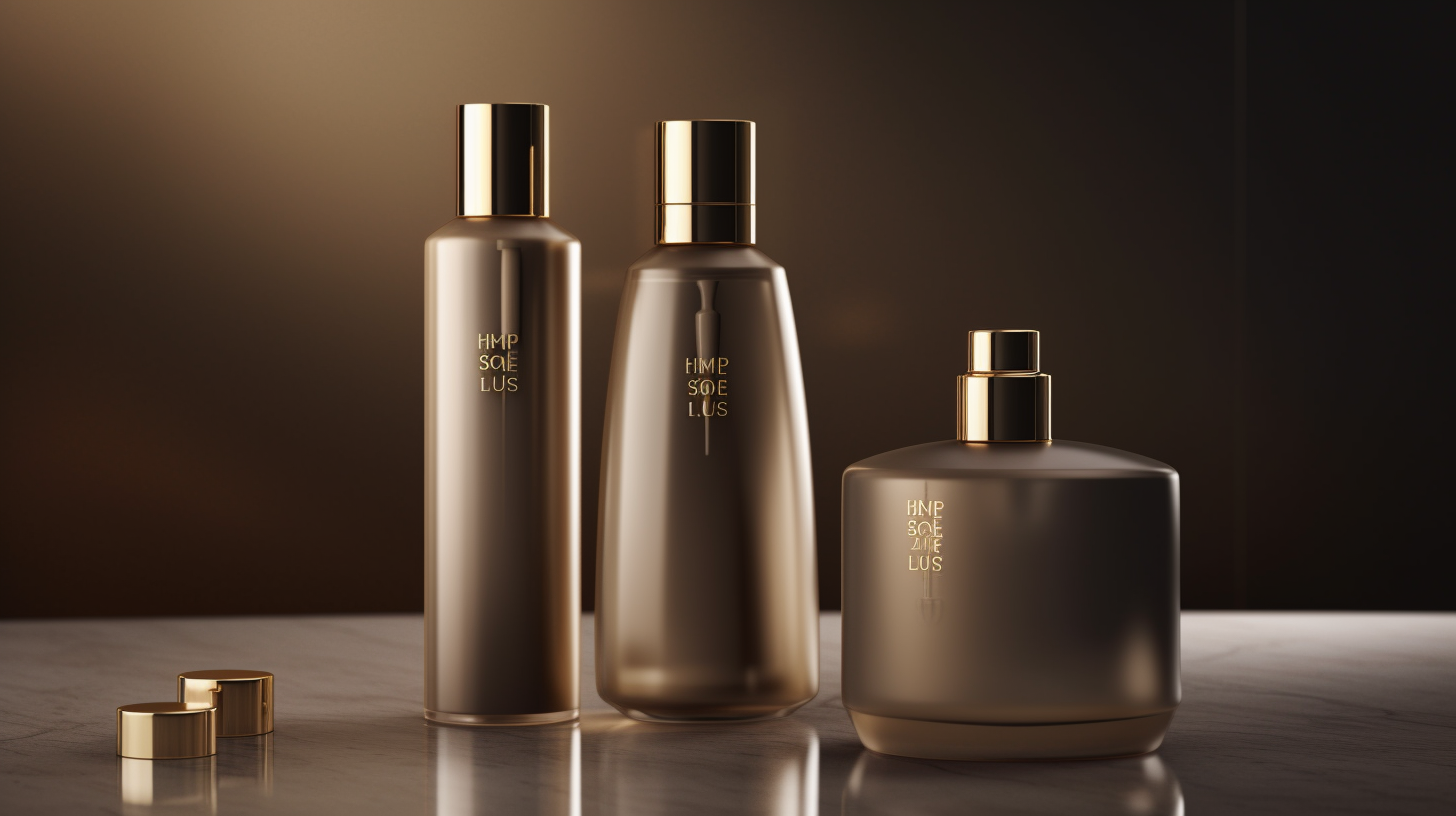 Three elegant skincare bottles with golden accents