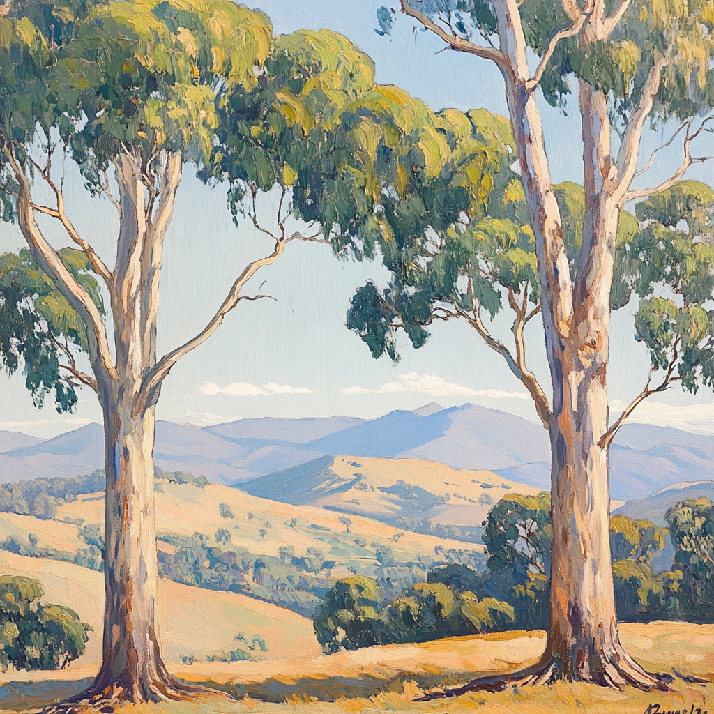 Three eucalyptus trees in Maynard Dixon style painting.