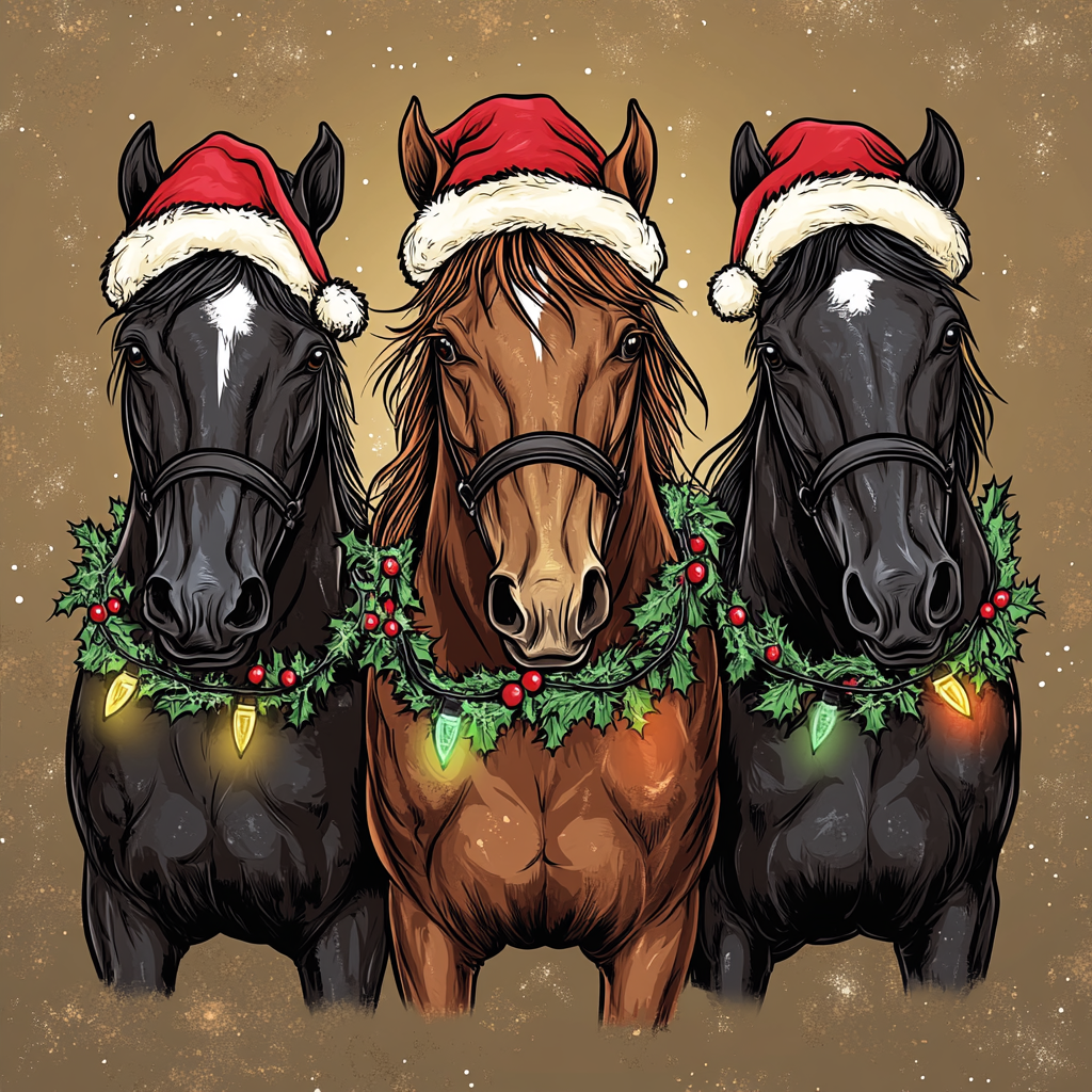 Three festive Morgan horses with Christmas decorations