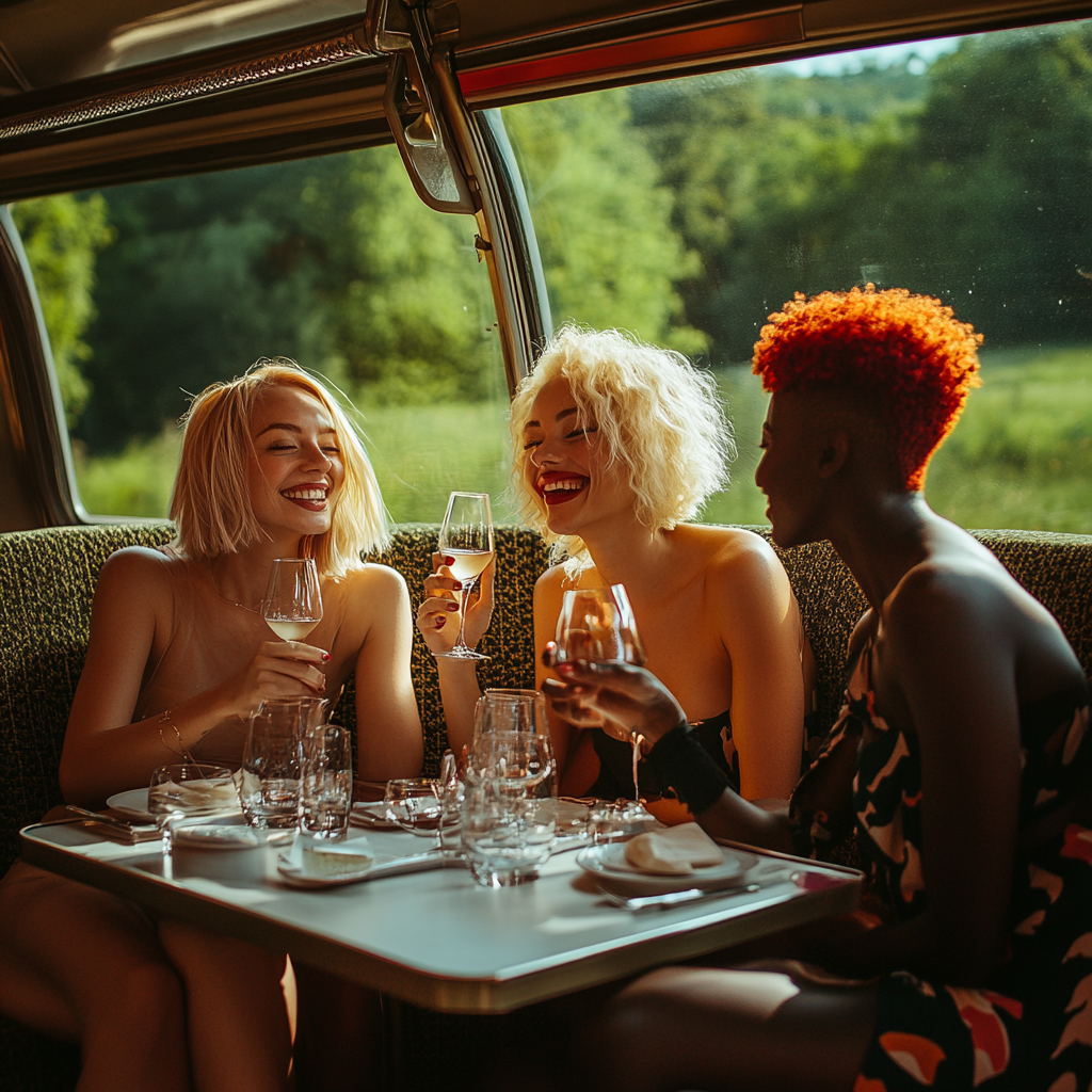 Three friends drinking wine on a sunny train.