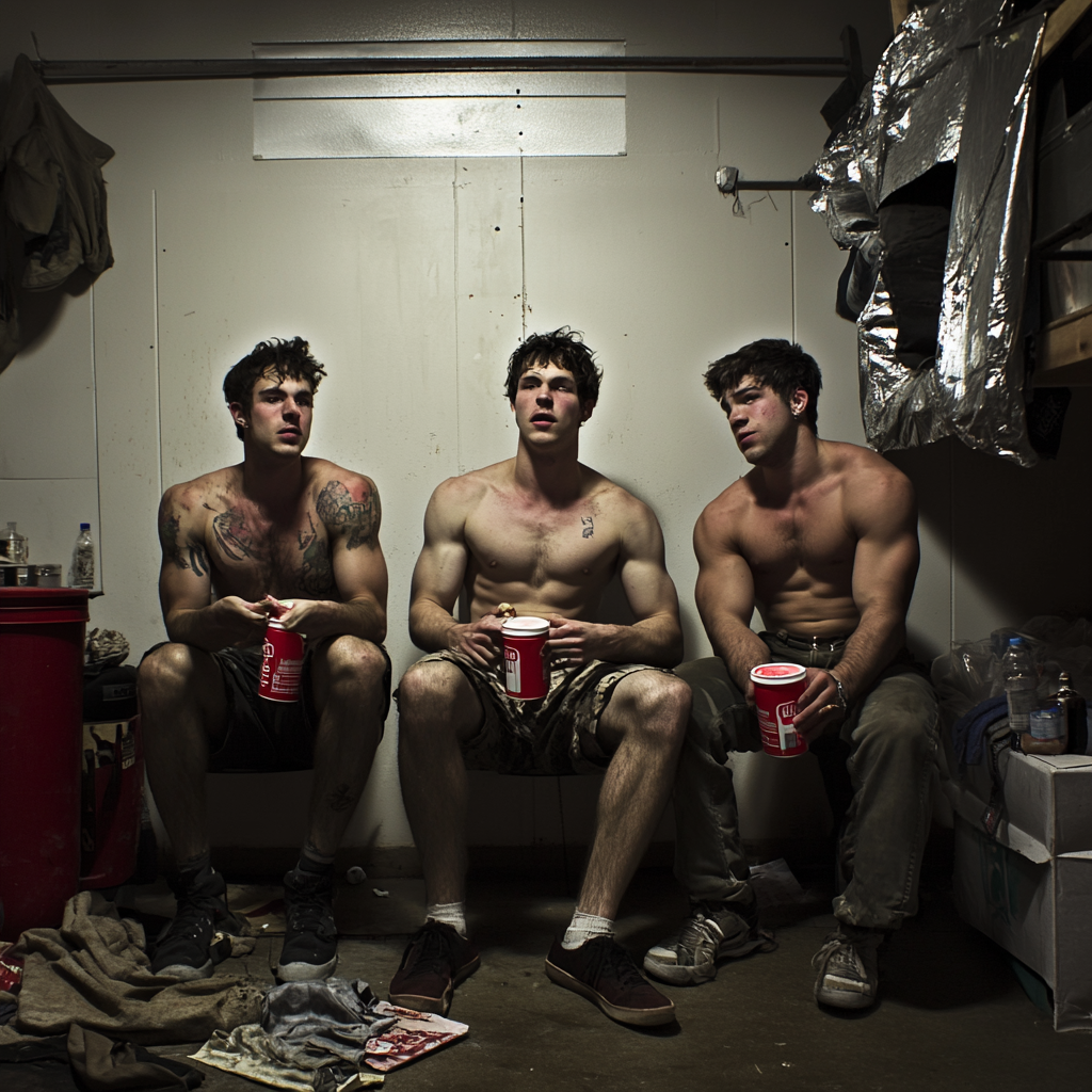 Three friends enjoying drinks and lifting weights late night