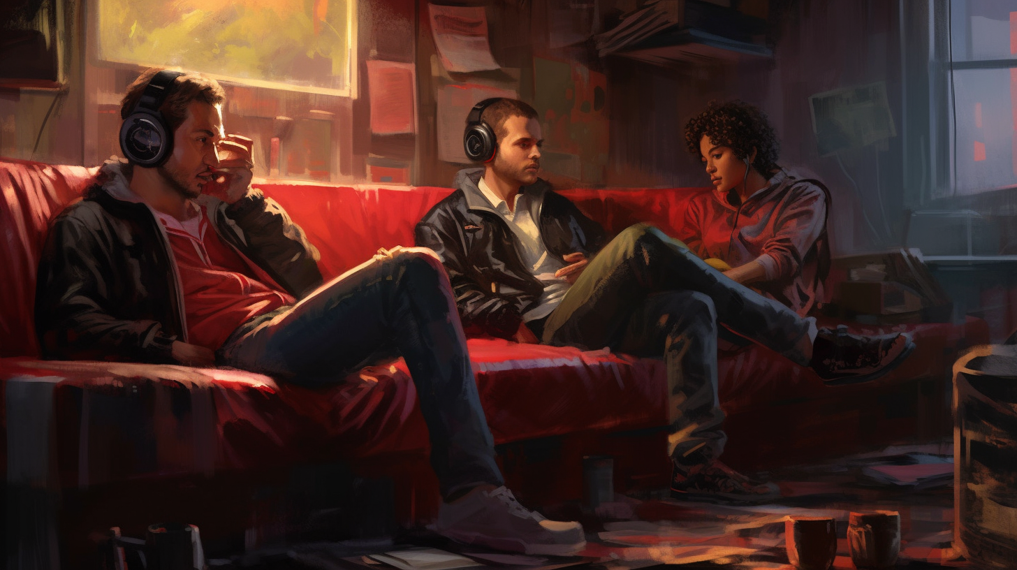 Three friends laughing on a leather couch.