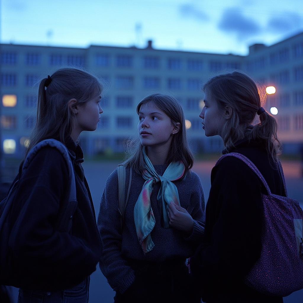 Three girls chat outside school at night