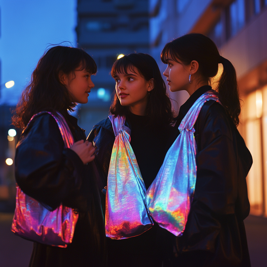 Three girls chatting outside school at night