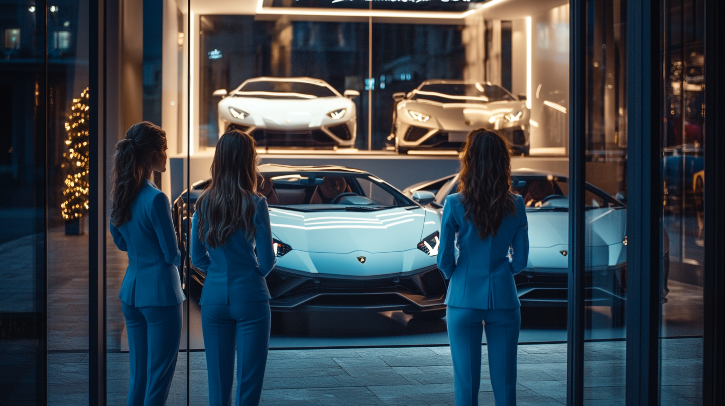 Three girls in blue suits look at lamborghinis.