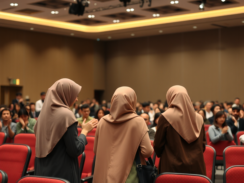 Three girls in hijabs bow at conference's end.