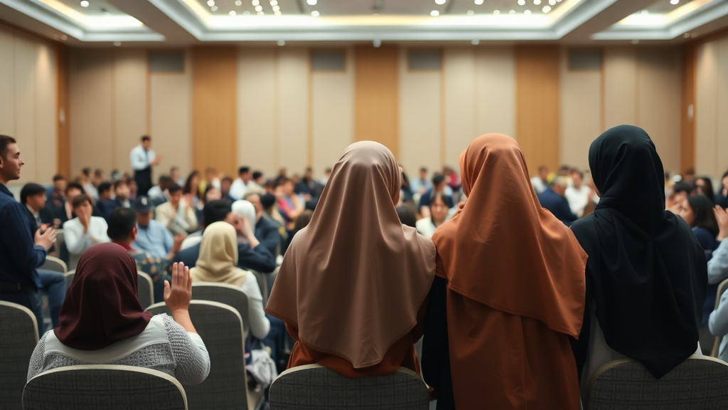 Three girls in hijabs bow to audience.