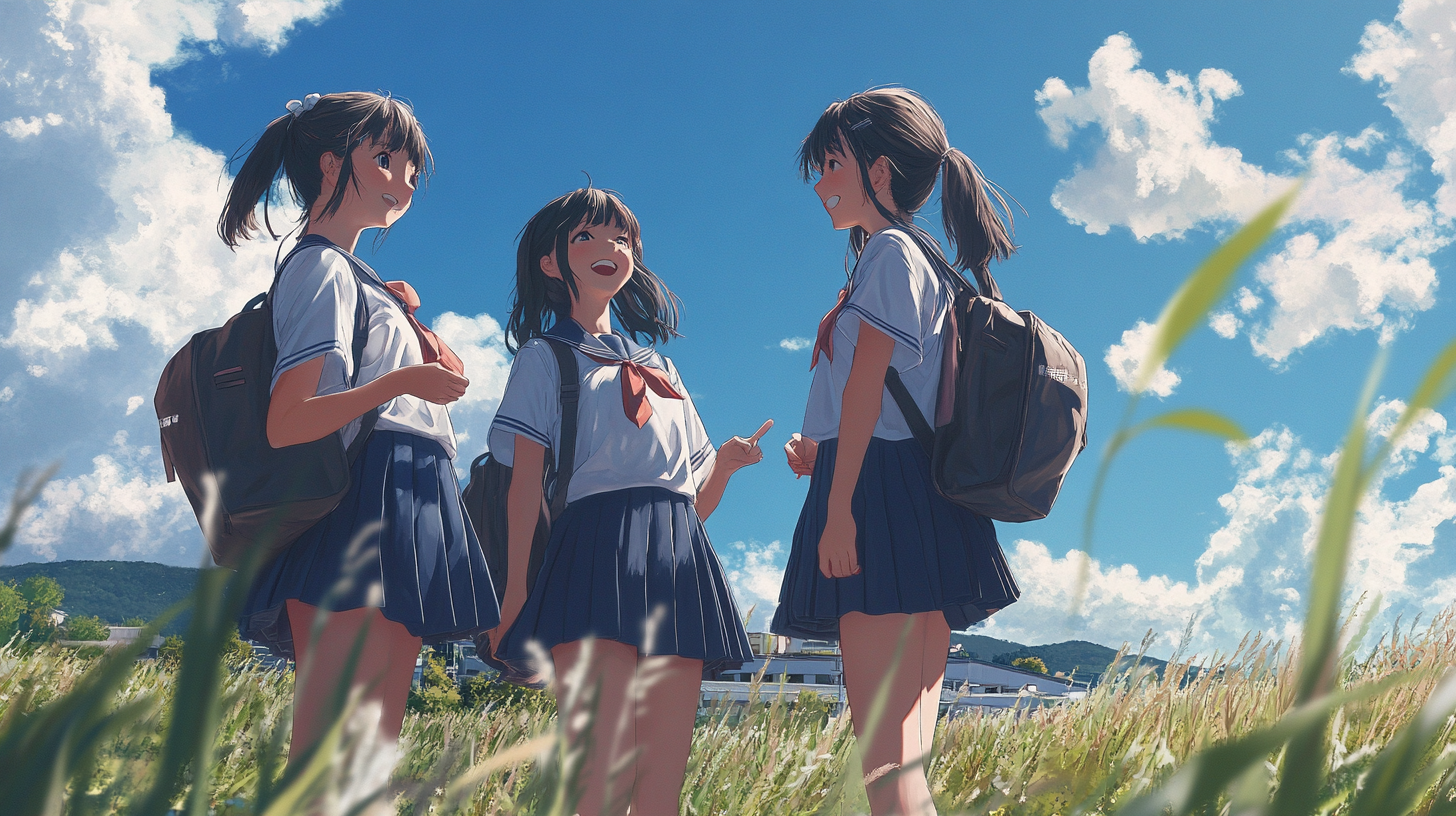 Three happy Japanese girls in traditional school uniforms.