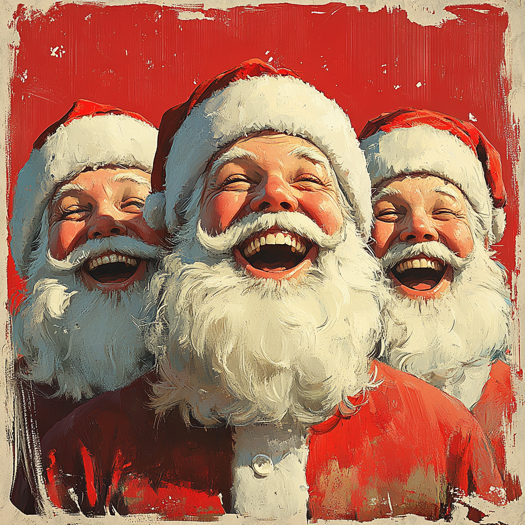 Three happy Santa faces on Christmas card