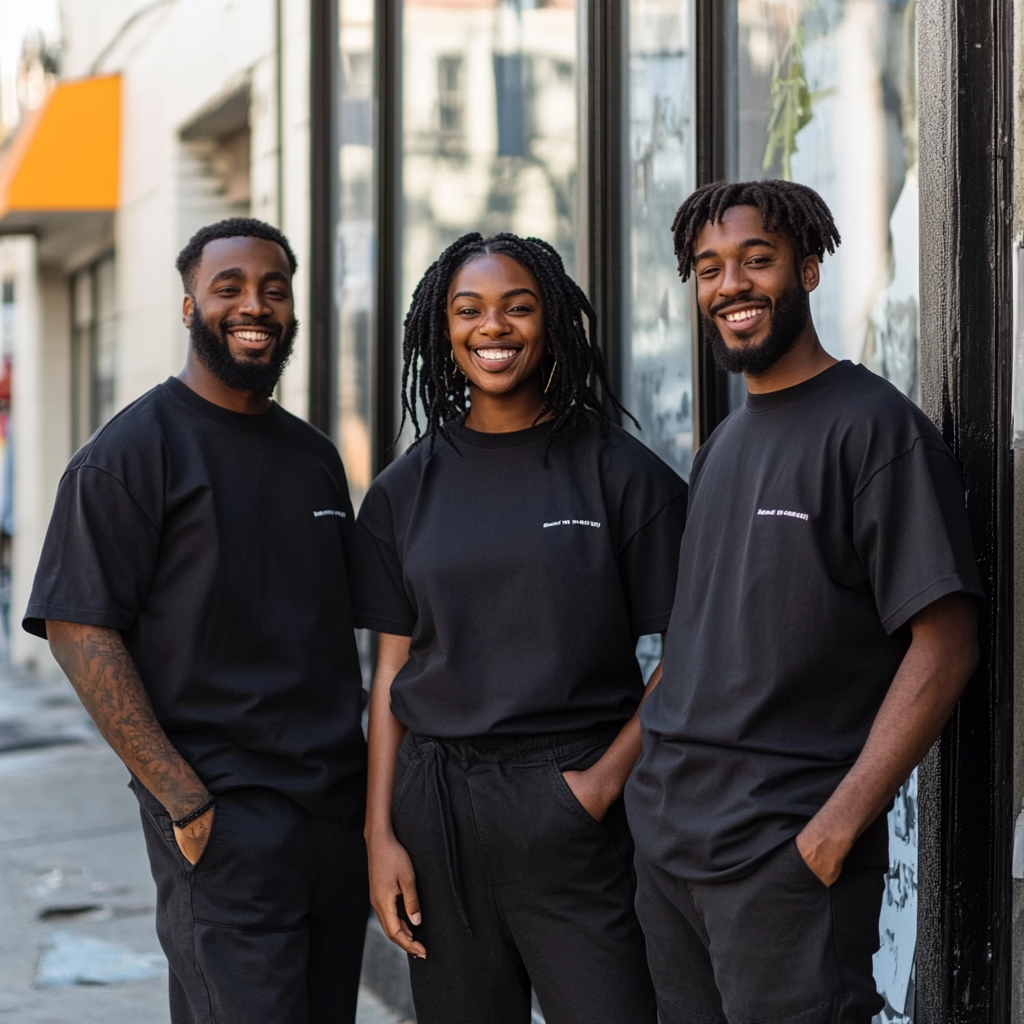 Three happy individuals outside a black storefront studio.