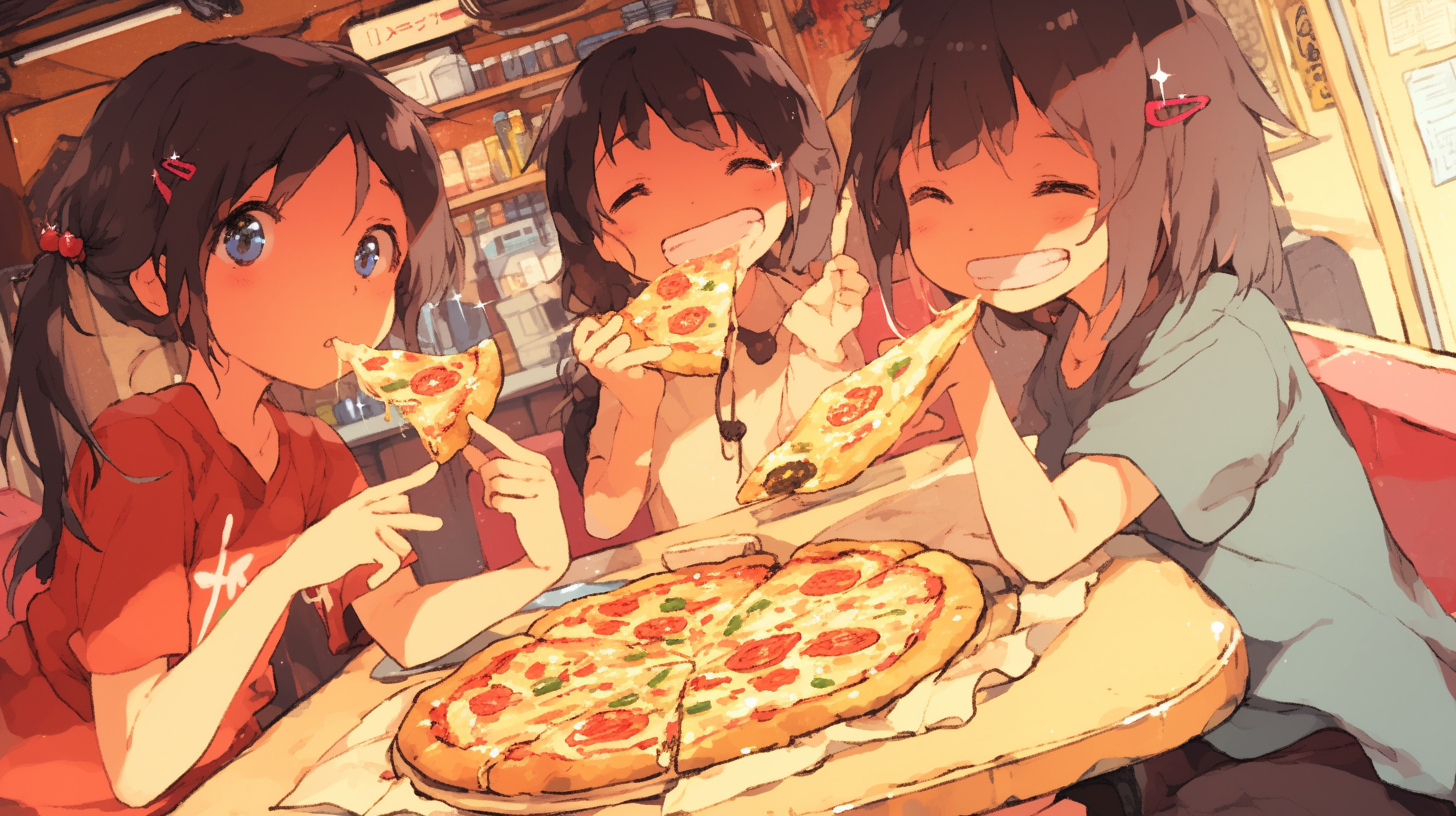 Three happy kids share pizza in a parlor.