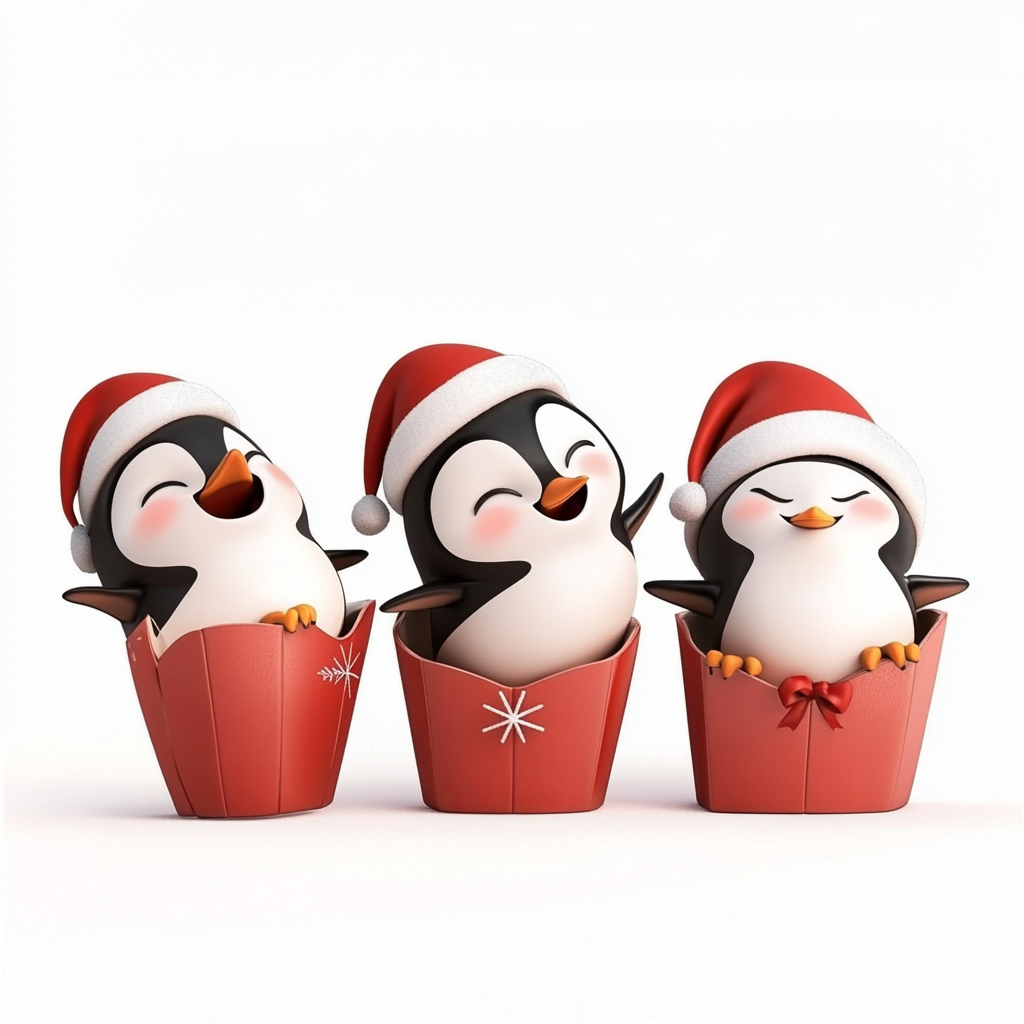 Three happy penguins play in Christmas present