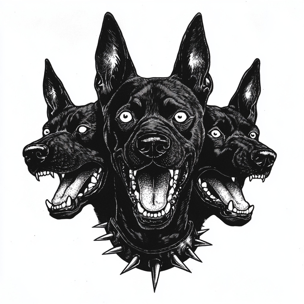 Three-headed Doberman on white background with spiked collar.