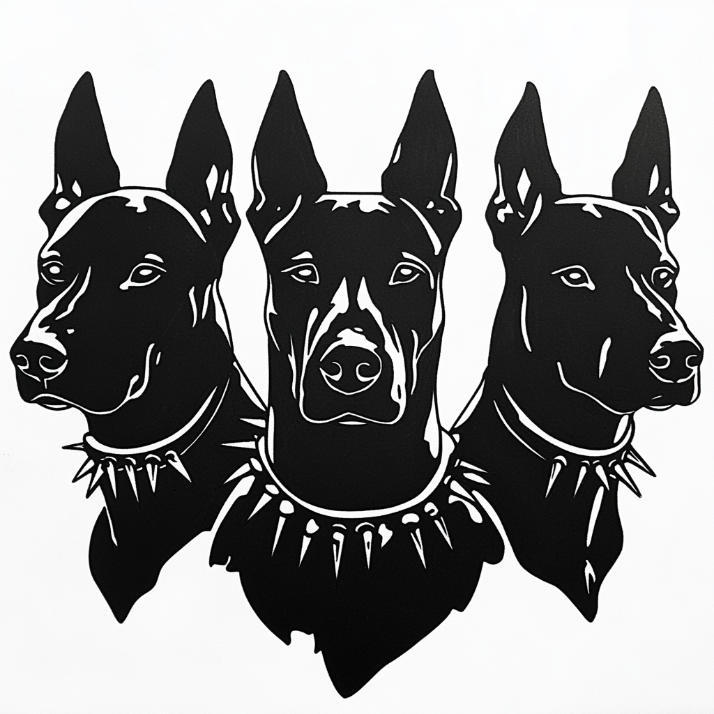 Three-headed black Cerberus tattoo stencil on white