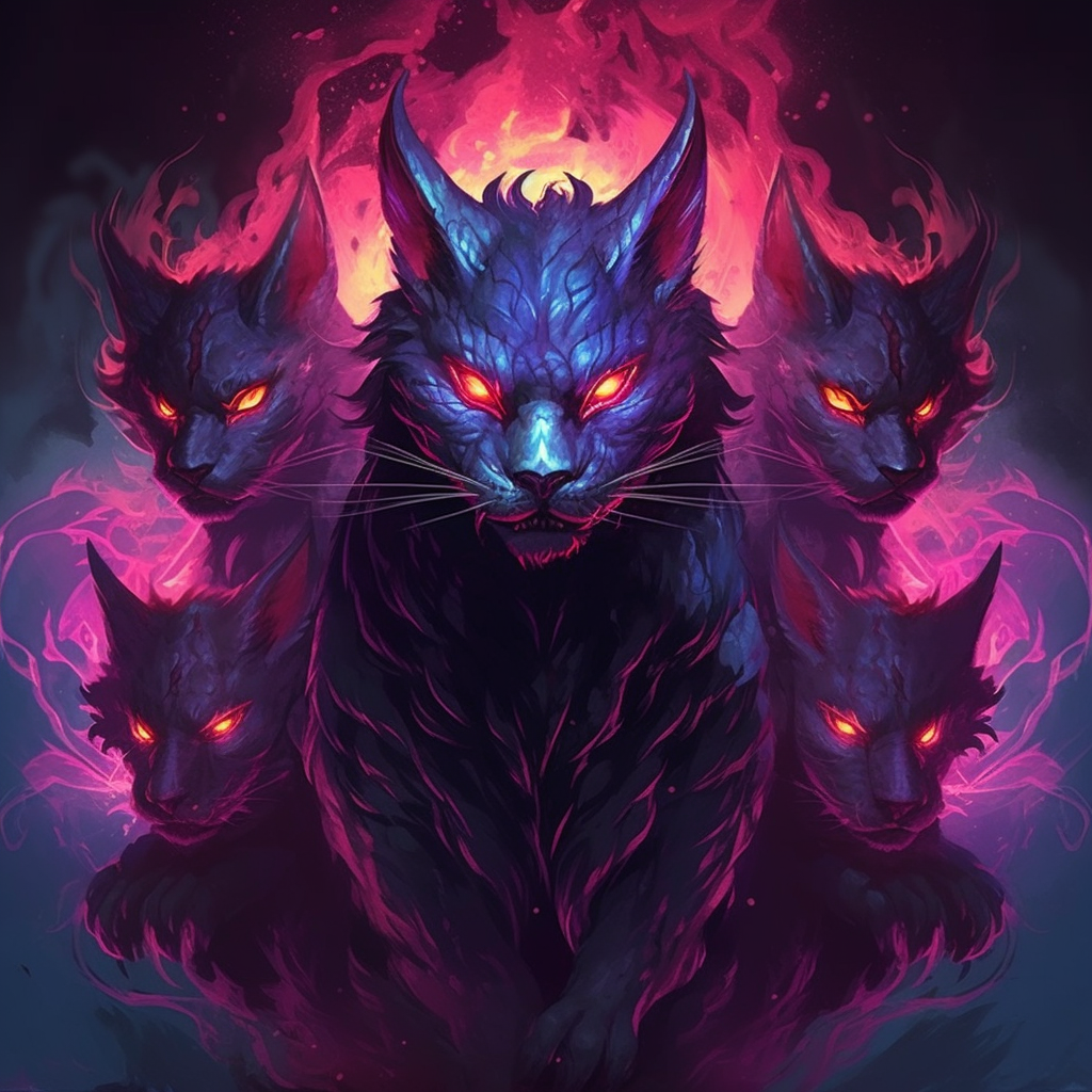 Three-headed demon cat in hell with purple flames.