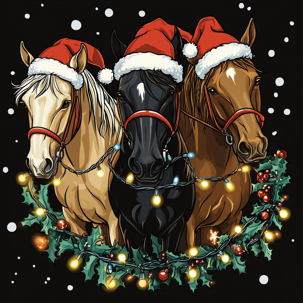 Three horses in Santa hats and lights play