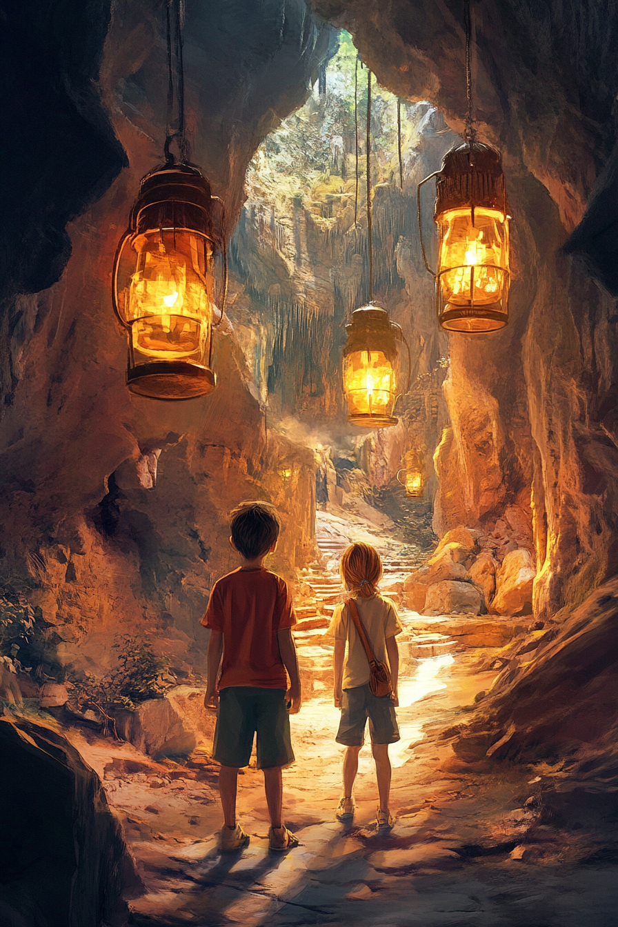 Three kids exploring colorful cave with lanterns