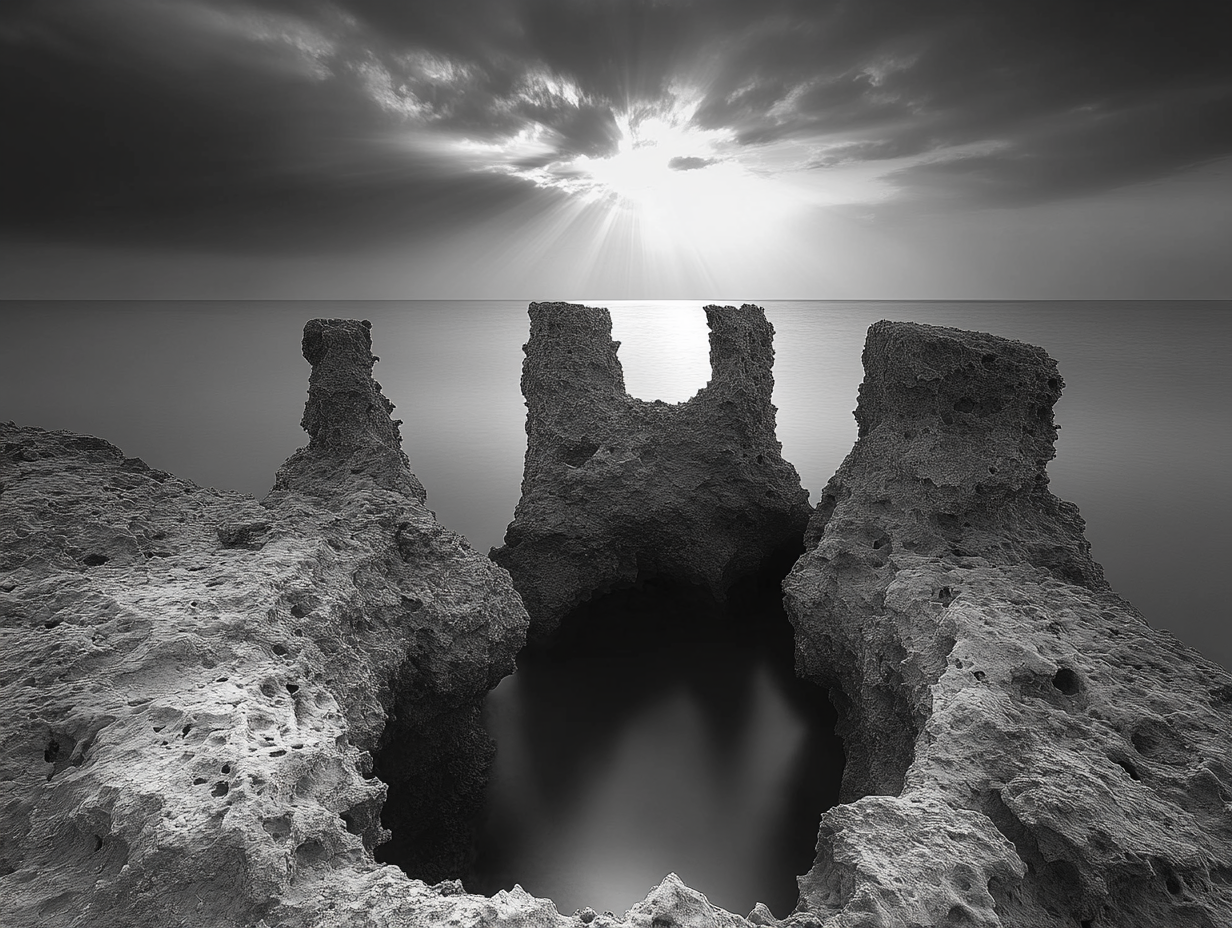 Three limestone rock pinacles in dramatic black and white.